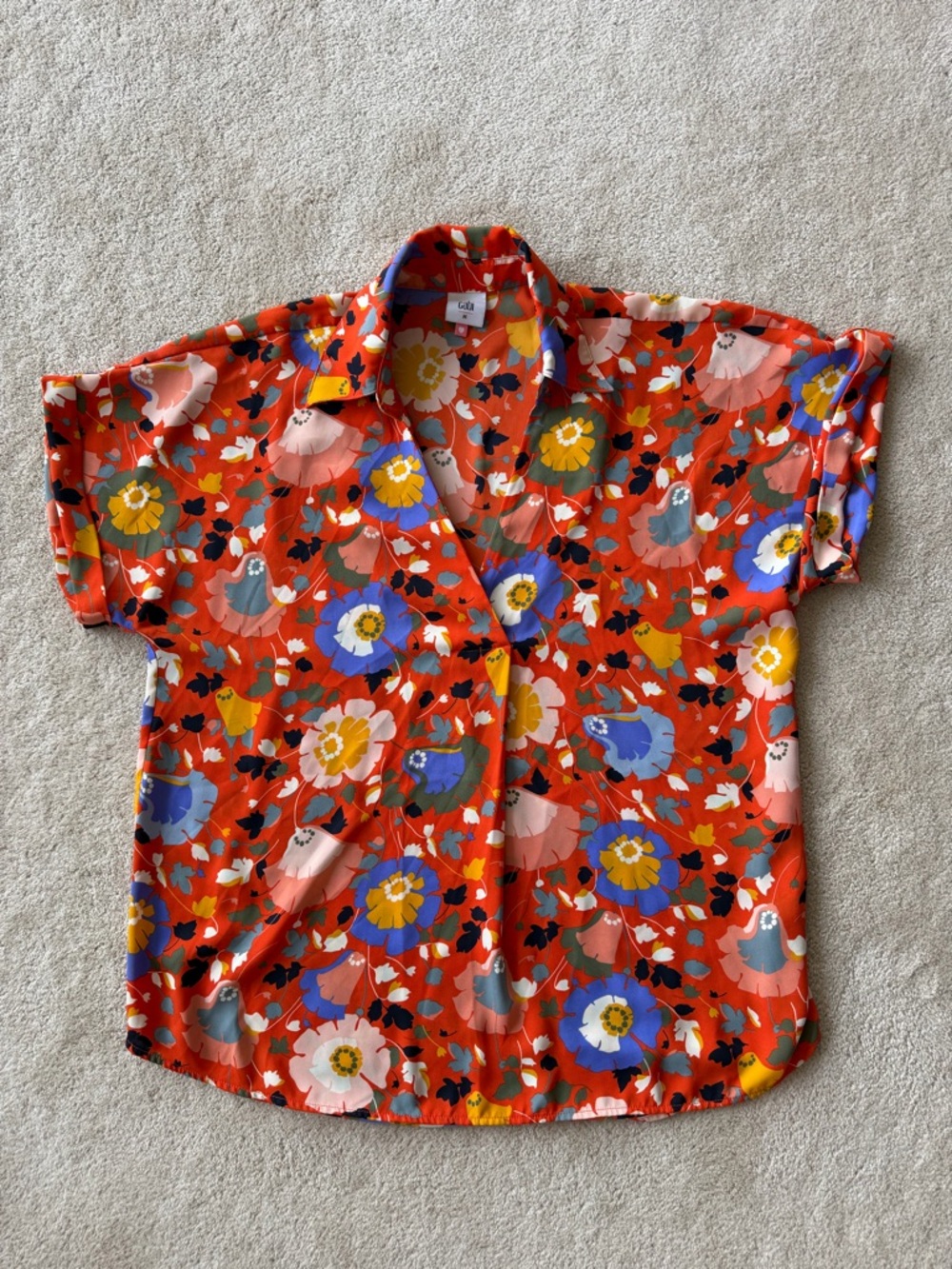 CAbi Vibrant Red Floral Short-Sleeve Button-Up Shirt